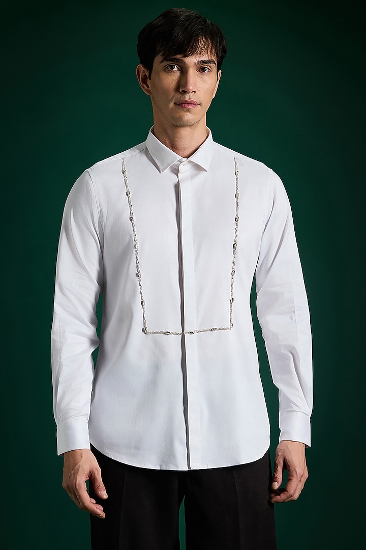 White Stretch Cotton Satin Hand Embroidered Party Wear Shirt by Komal Kothari at Pernia's Pop Up Shop