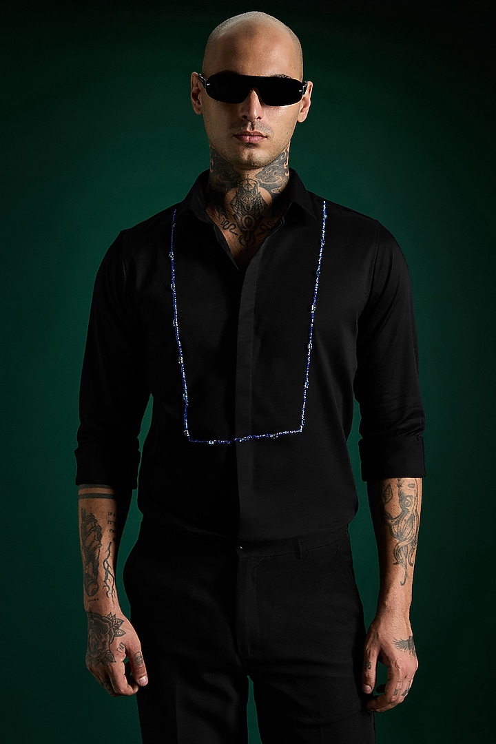 Black Stretch Cotton Satin Hand Embroidered Party Wear Shirt by Komal Kothari at Pernia's Pop Up Shop