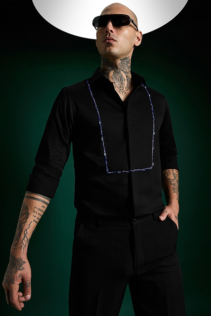 Black Stretch Cotton Satin Hand Embroidered Party Wear Shirt by Komal Kothari  at Pernia's Pop Up Shop