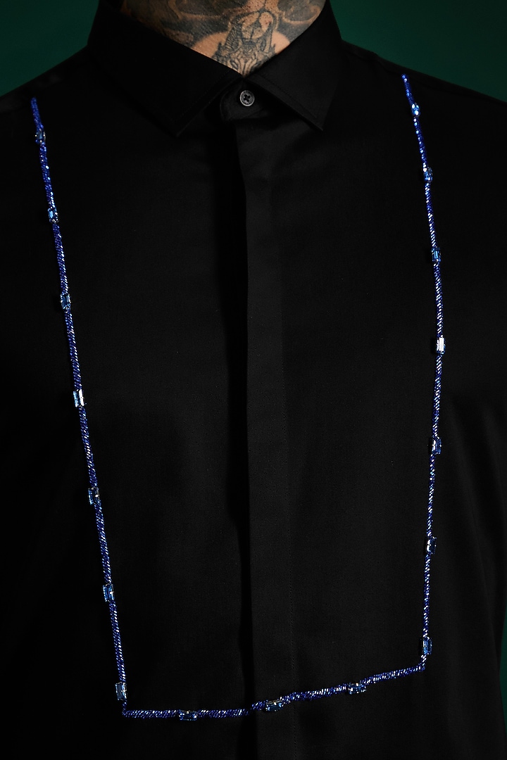 Black Stretch Cotton Satin Hand Embroidered Party Wear Shirt by Komal Kothari  at Pernia's Pop Up Shop
