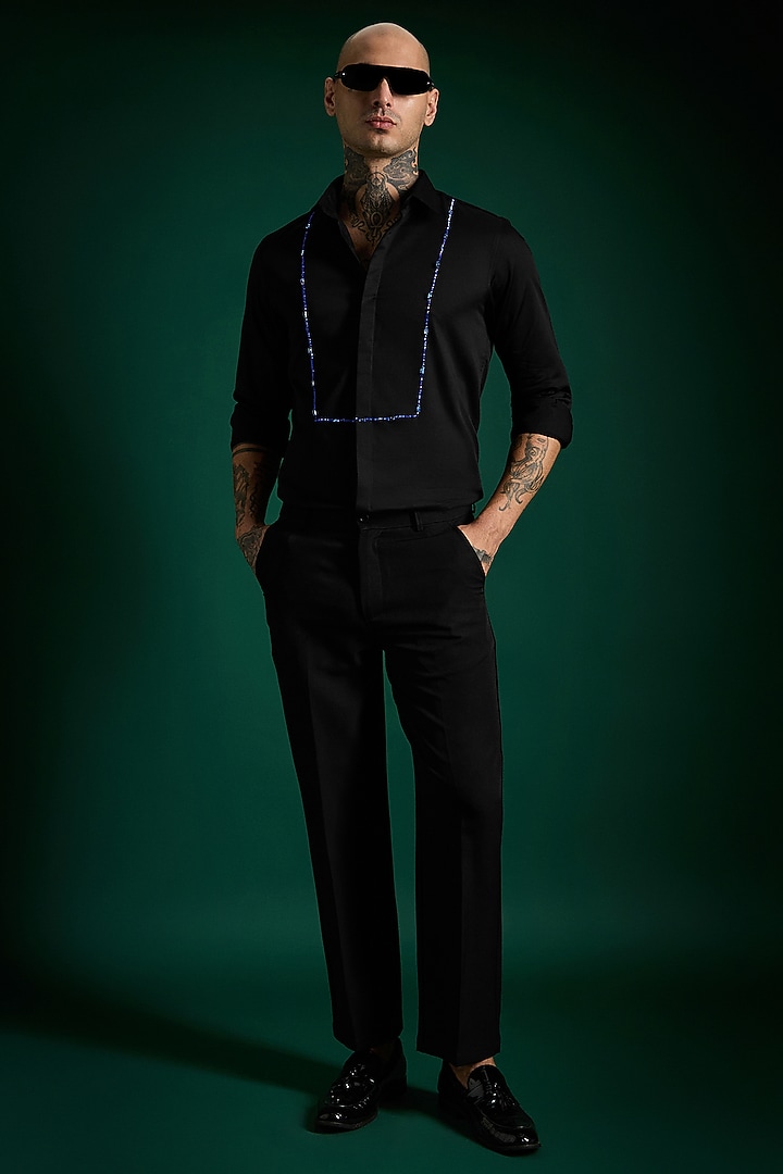 Black Stretch Cotton Satin Hand Embroidered Party Wear Shirt by Komal Kothari  at Pernia's Pop Up Shop