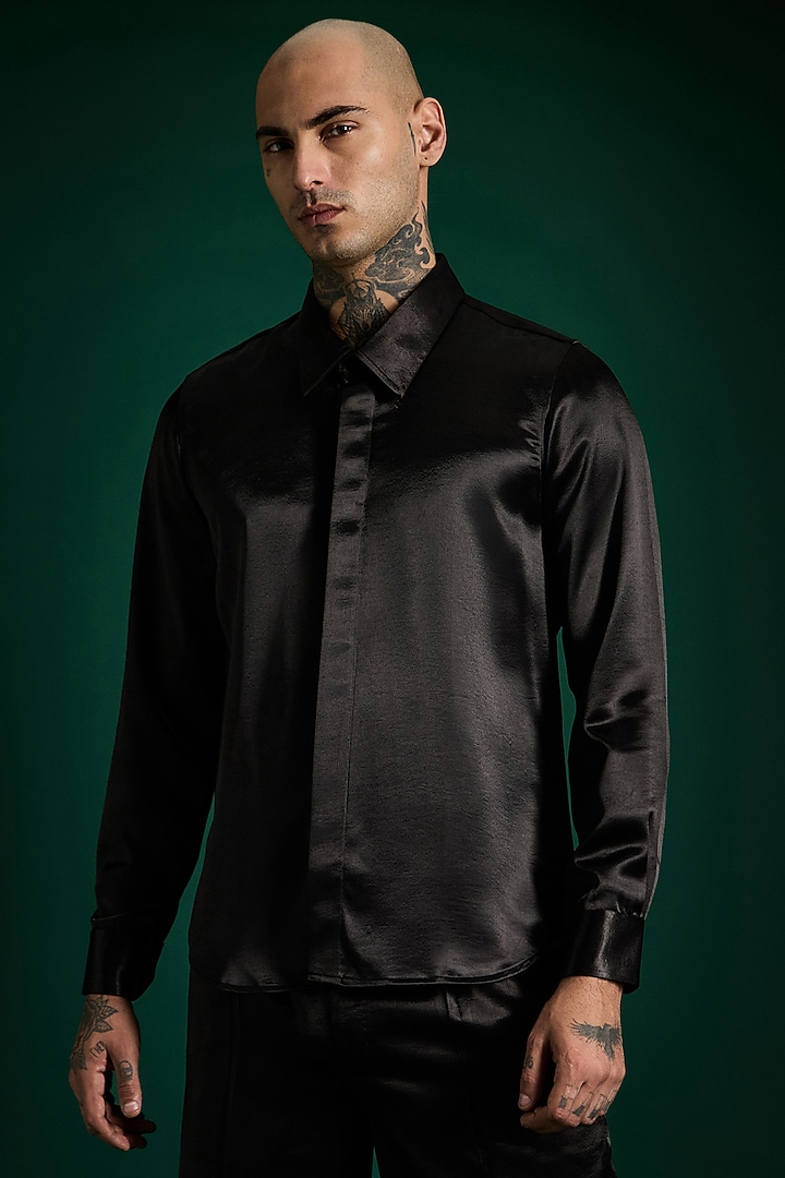 Black Luxe Suiting Handcrafted Party Wear Shirt by Komal Kothari  at Pernia's Pop Up Shop