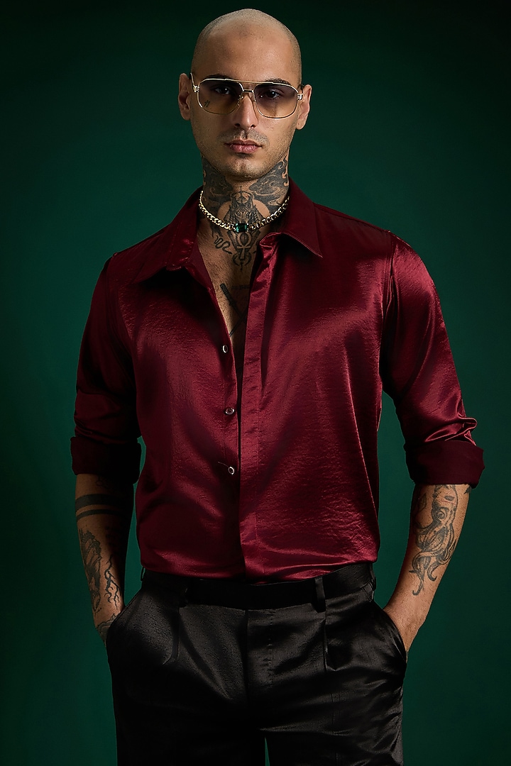 Cherry Red Luxe Suiting Handcrafted Party Wear Shirt by Komal Kothari  at Pernia's Pop Up Shop