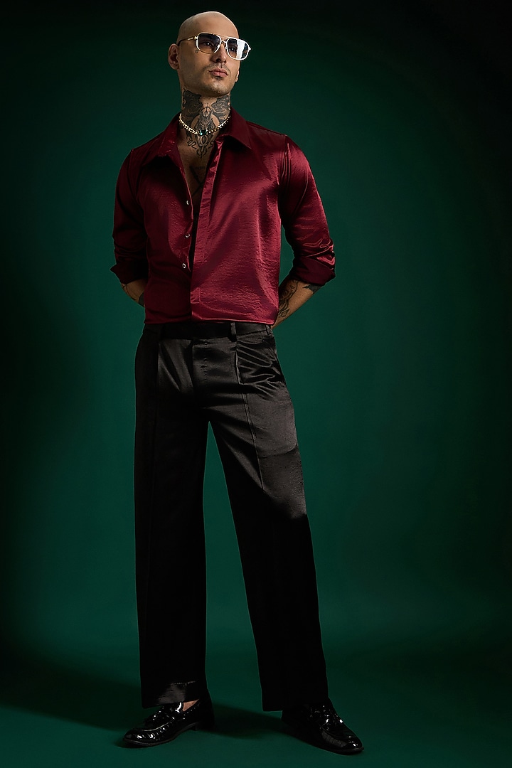 Cherry Red Luxe Suiting Handcrafted Party Wear Shirt by Komal Kothari  at Pernia's Pop Up Shop