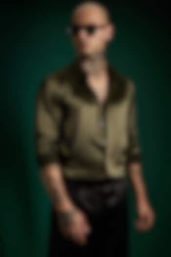 Olive Green Luxe Suiting Handcrafted Party Wear Shirt by Komal Kothari  at Pernia's Pop Up Shop