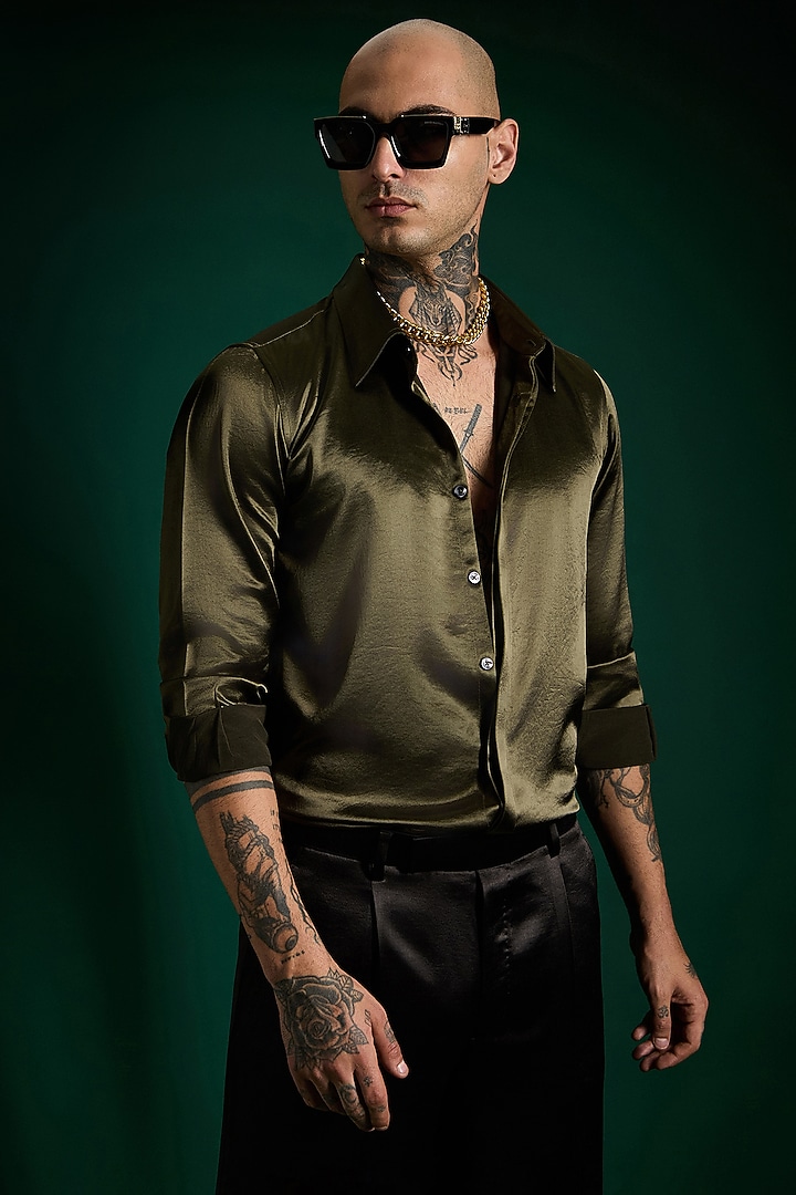Olive Green Luxe Suiting Handcrafted Party Wear Shirt by Komal Kothari  at Pernia's Pop Up Shop