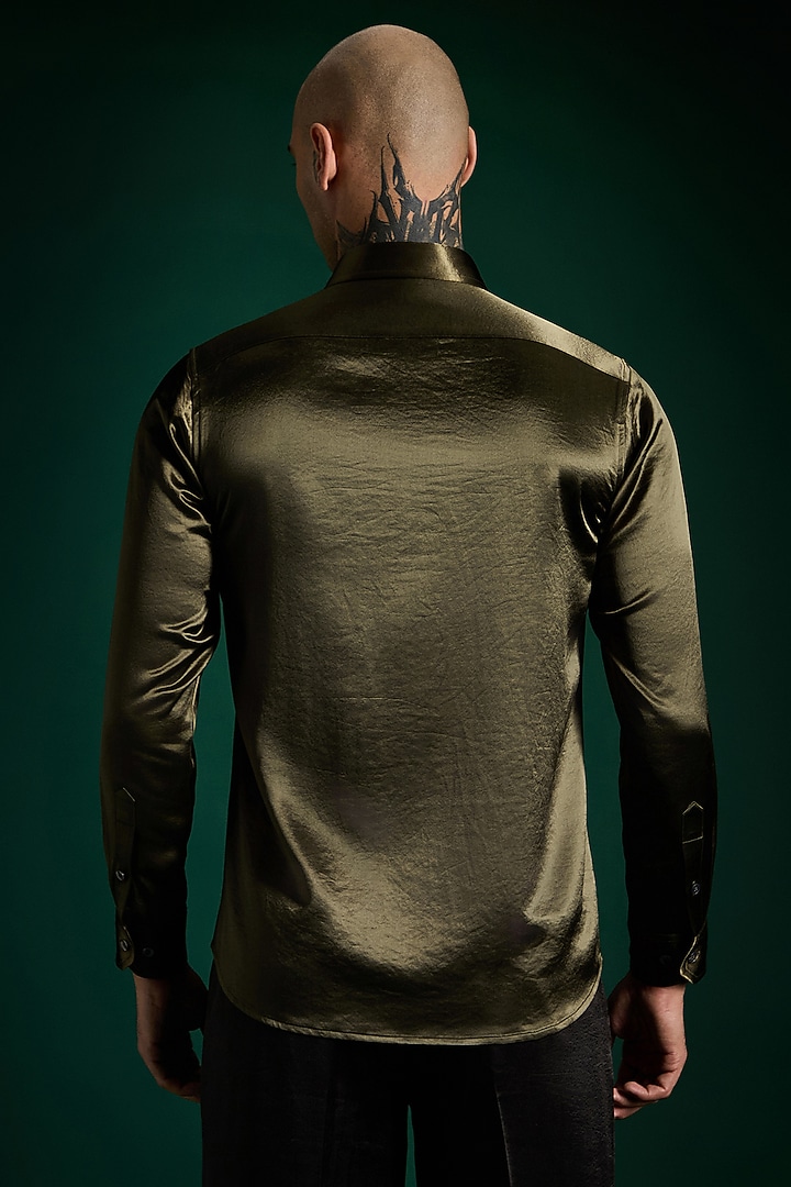 Olive Green Luxe Suiting Handcrafted Party Wear Shirt by Komal Kothari  at Pernia's Pop Up Shop