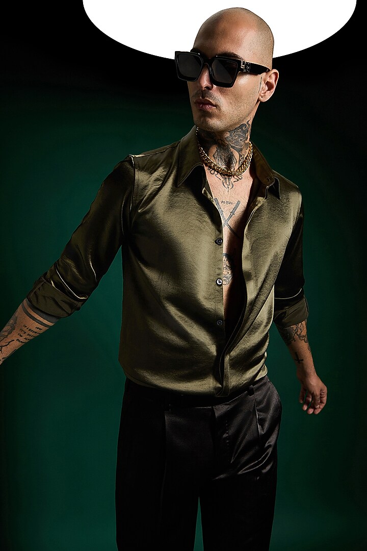 Olive Green Luxe Suiting Handcrafted Party Wear Shirt by Komal Kothari  at Pernia's Pop Up Shop