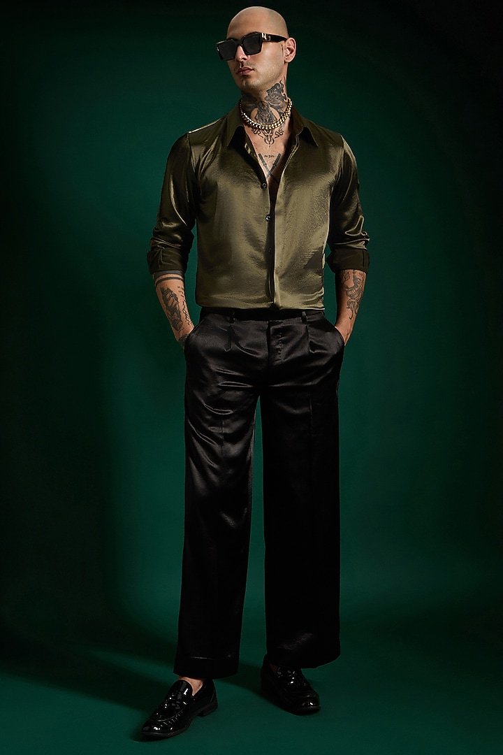 Olive Green Luxe Suiting Handcrafted Party Wear Shirt by Komal Kothari  at Pernia's Pop Up Shop
