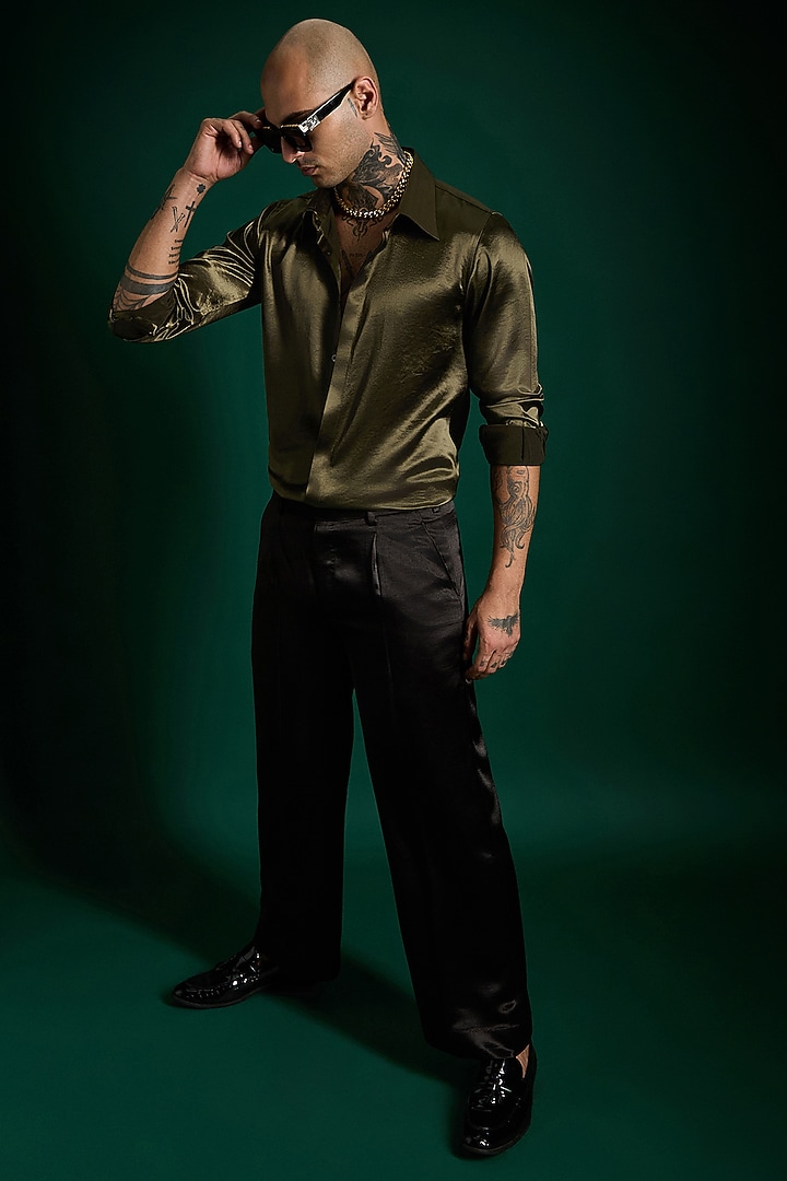 Olive Green Luxe Suiting Handcrafted Party Wear Shirt by Komal Kothari  at Pernia's Pop Up Shop