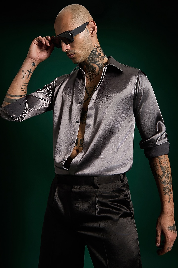 Cool Grey Luxe Suiting Handcrafted Party Wear Shirt by Komal Kothari  at Pernia's Pop Up Shop