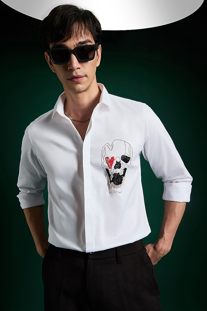 White Stretch Cotton Satin Hand Embroidered Party Wear Shirt by Komal Kothari at Pernia's Pop Up Shop