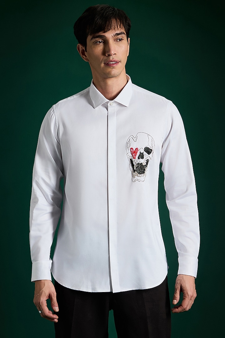 White Stretch Cotton Satin Hand Embroidered Party Wear Shirt by Komal Kothari at Pernia's Pop Up Shop