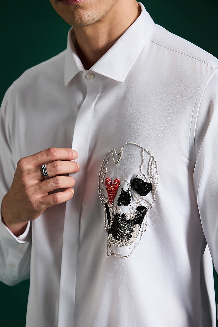 White Stretch Cotton Satin Hand Embroidered Party Wear Shirt by Komal Kothari at Pernia's Pop Up Shop