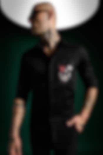 Black Stretch Cotton Satin Hand Embroidered Party Wear Shirt by Komal Kothari  at Pernia's Pop Up Shop