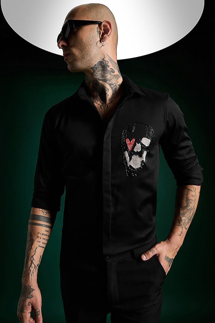 Black Stretch Cotton Satin Hand Embroidered Party Wear Shirt by Komal Kothari  at Pernia's Pop Up Shop