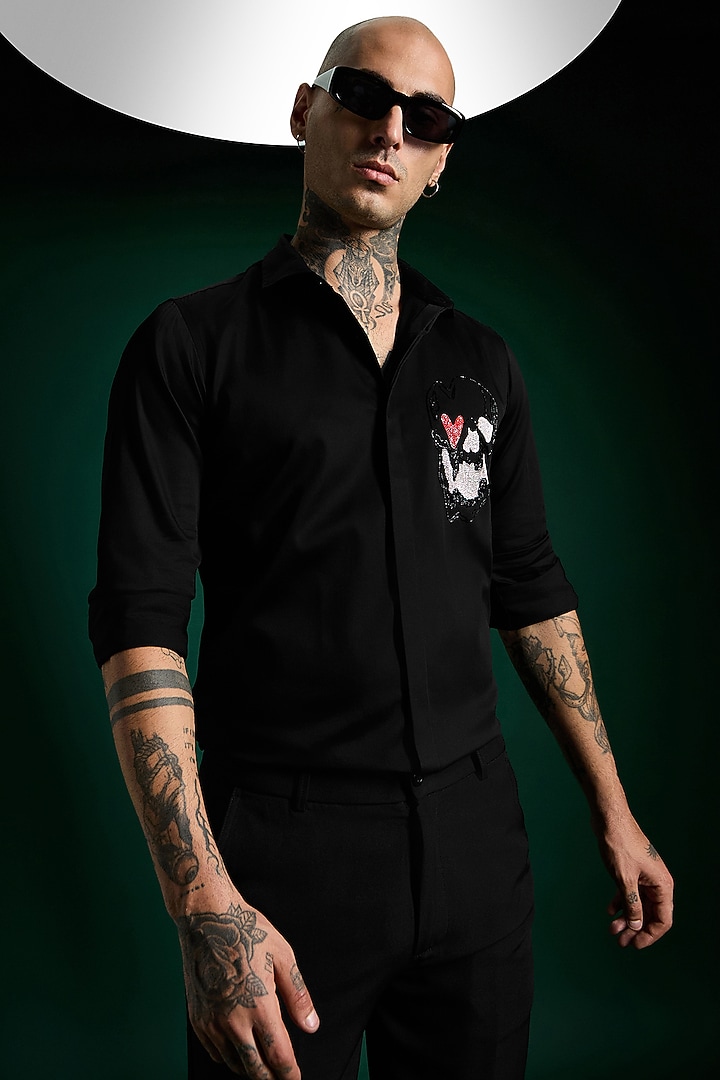 Black Stretch Cotton Satin Hand Embroidered Party Wear Shirt by Komal Kothari at Pernia's Pop Up Shop