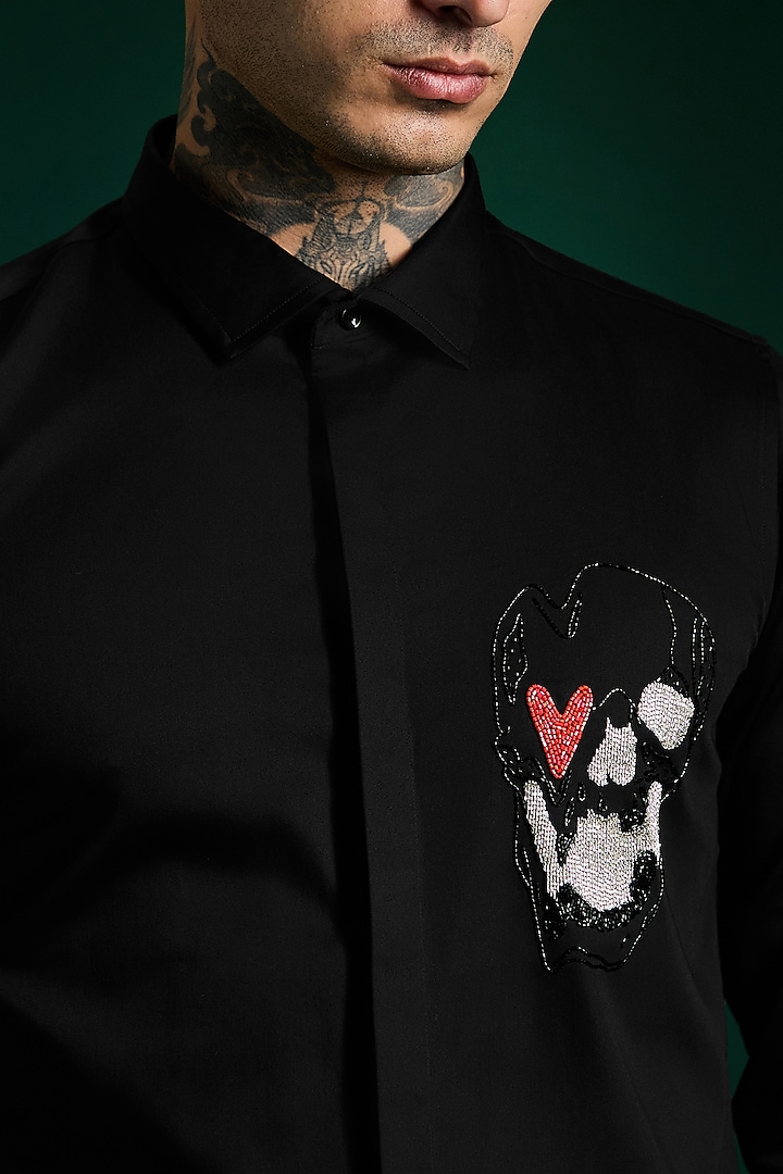 Black Stretch Cotton Satin Hand Embroidered Party Wear Shirt by Komal Kothari at Pernia's Pop Up Shop
