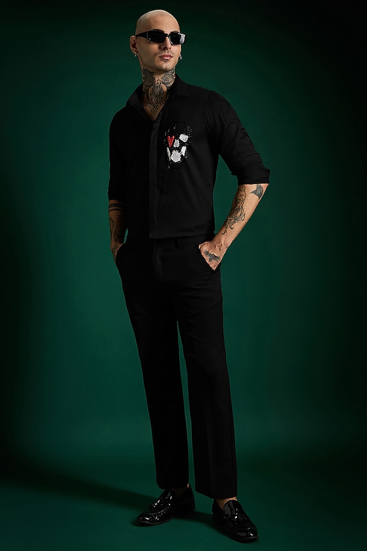 Black Stretch Cotton Satin Hand Embroidered Party Wear Shirt by Komal Kothari at Pernia's Pop Up Shop