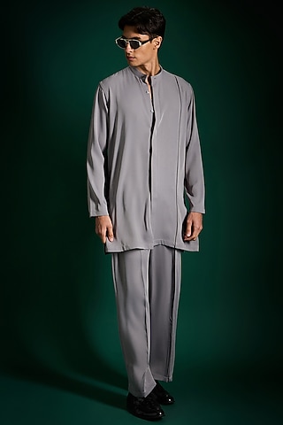 Cool Grey Suiting Hand Embroidered Kurta Set by Komal Kothari