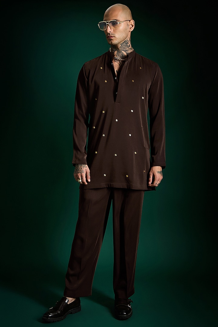 Coffee Brown Suiting Hand Embroidered Kurta Set by Komal Kothari at Pernia's Pop Up Shop