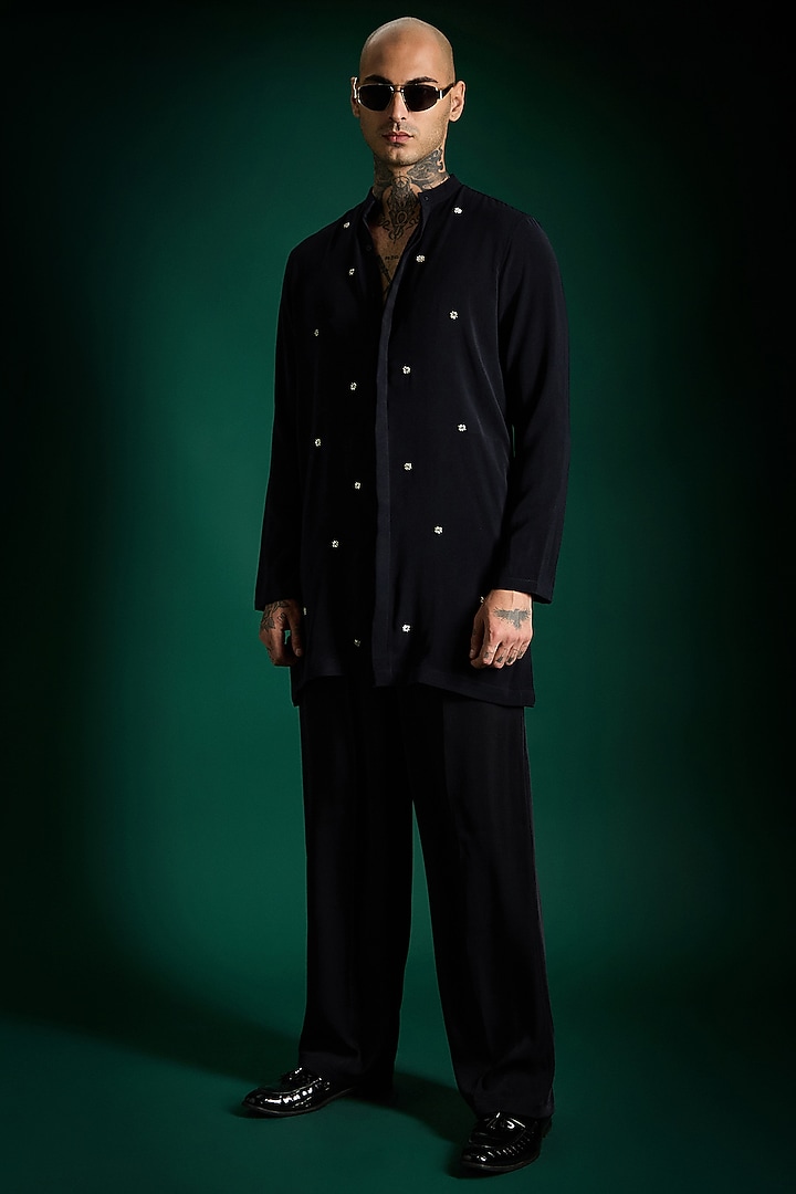 Navy Suiting Hand Embroidered Kurta Set by Komal Kothari at Pernia's Pop Up Shop