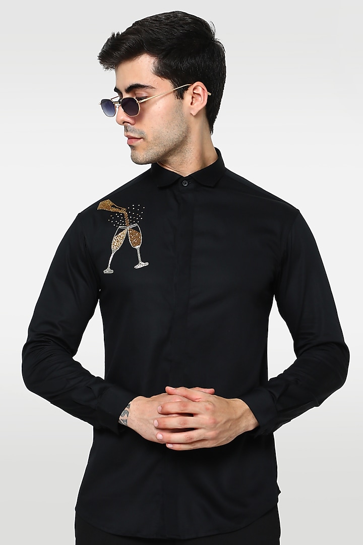 Black Cotton Lycra Cutdana Embellished Shirt by Komal Kothari