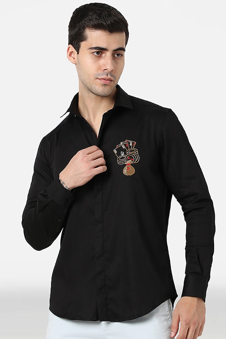 Black Cotton Lycra Cutdana Embellished Summer Shirt by Komal Kothari at Pernia's Pop Up Shop