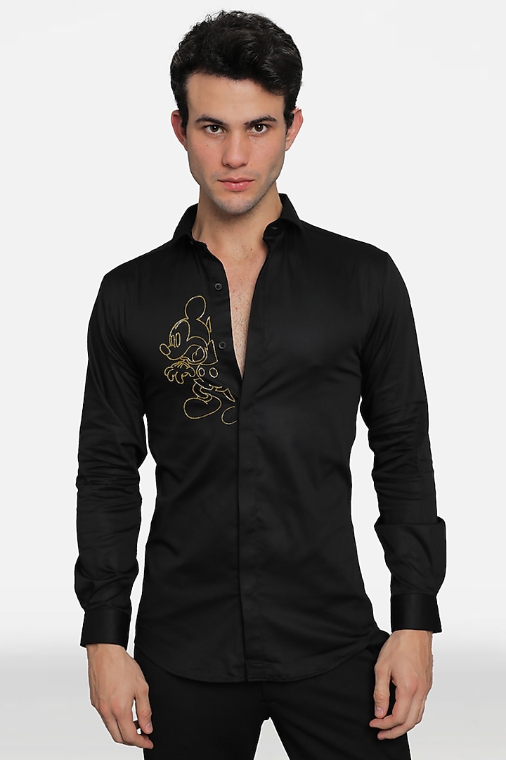 Black Cotton Lycra Embellished Shirt by Komal Kothari