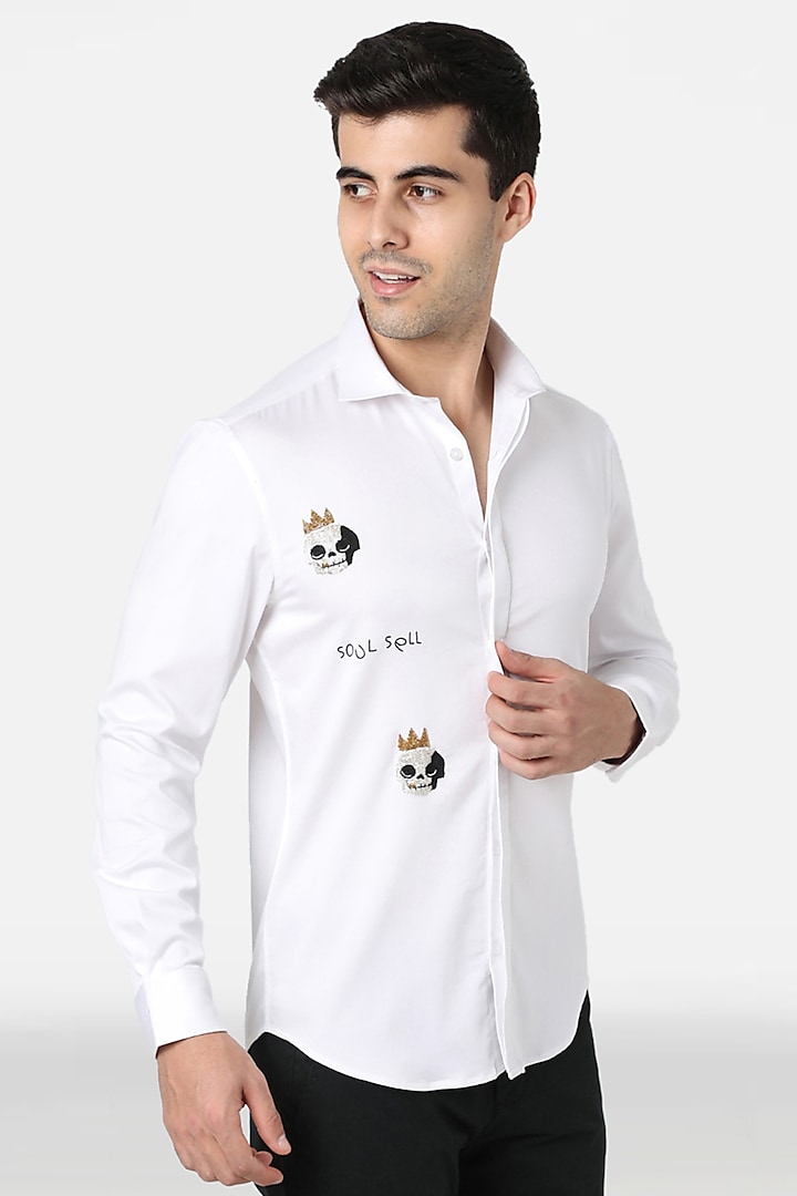 White Cotton Lycra Embellished Shirt by Komal Kothari