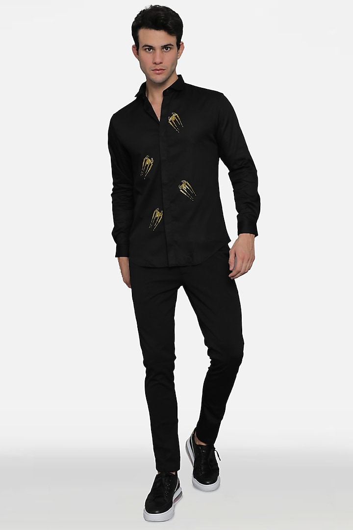 Black Cotton Lycra Embellished Shirt by Komal Kothari