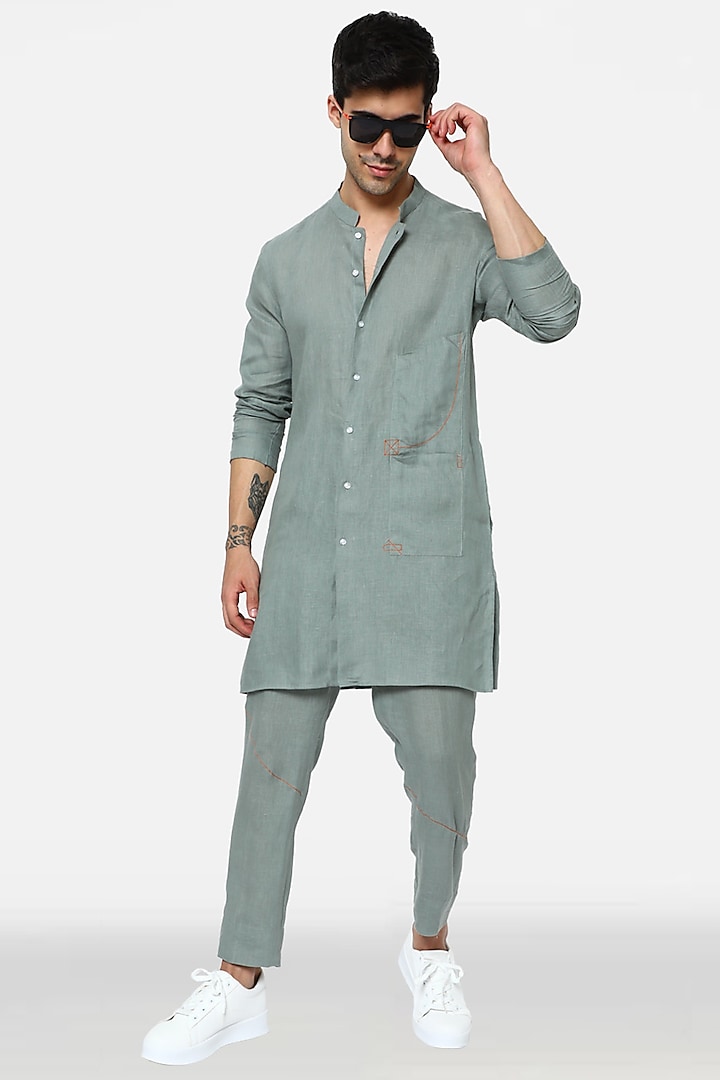 Olive Green Linen Kurta Set by Komal Kothari