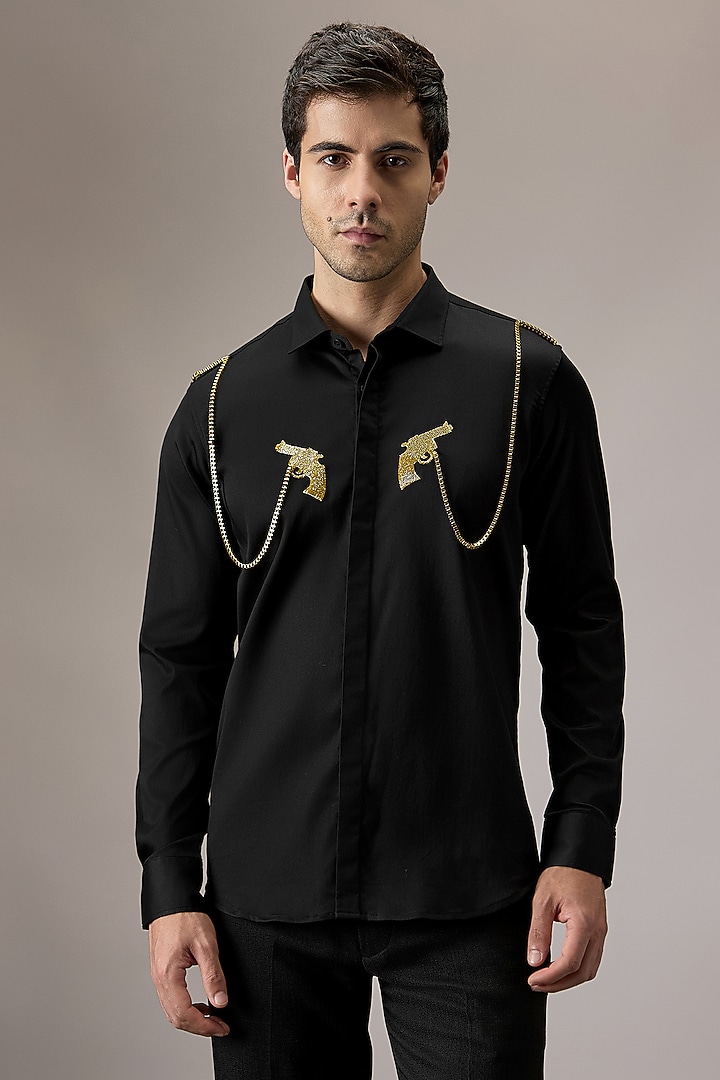 Black Cotton Hand Embroidered Party Wear Shirt by Komal Kothari at Pernia's Pop Up Shop