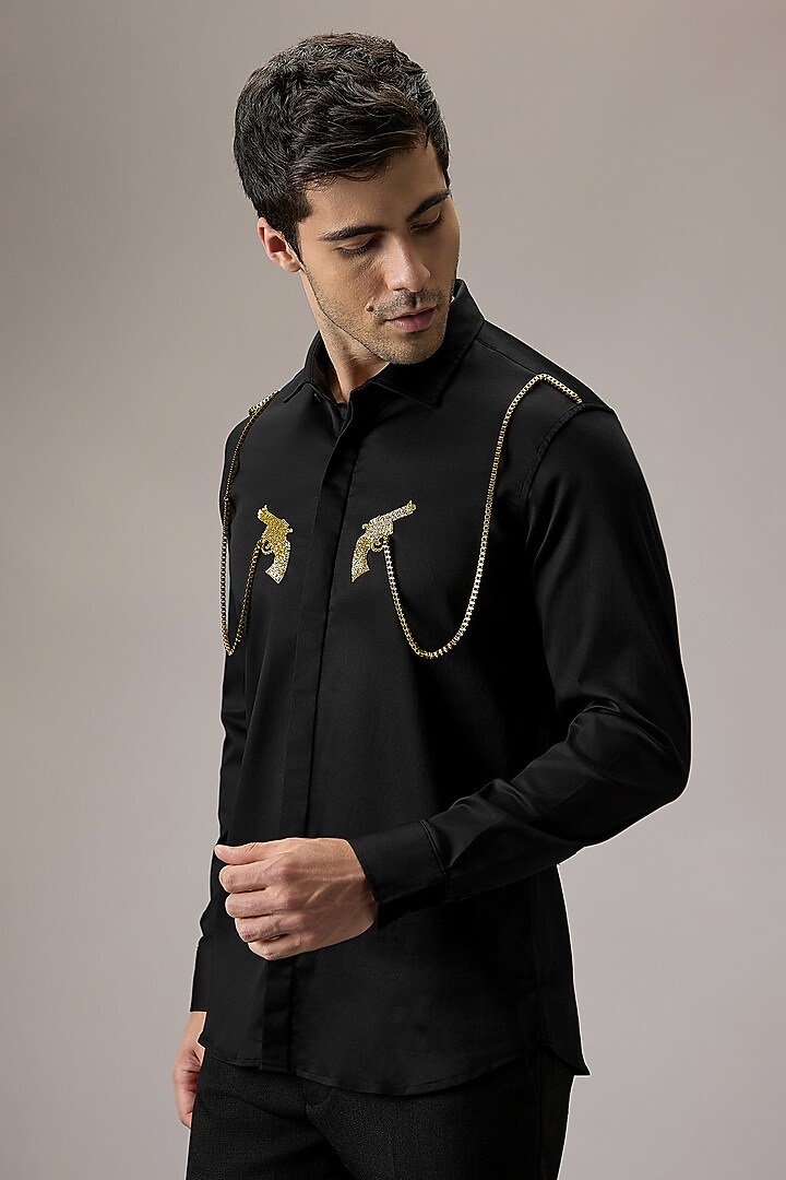 Black Cotton Hand Embroidered Party Wear Shirt by Komal Kothari at Pernia's Pop Up Shop