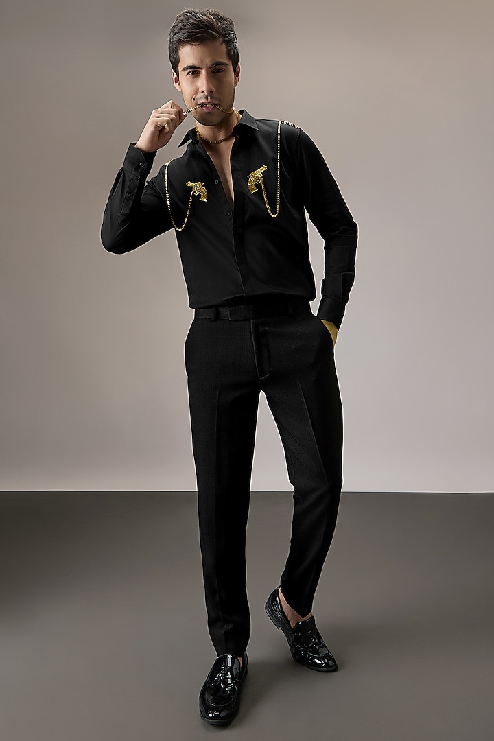 Black Cotton Hand Embroidered Party Wear Shirt by Komal Kothari at Pernia's Pop Up Shop
