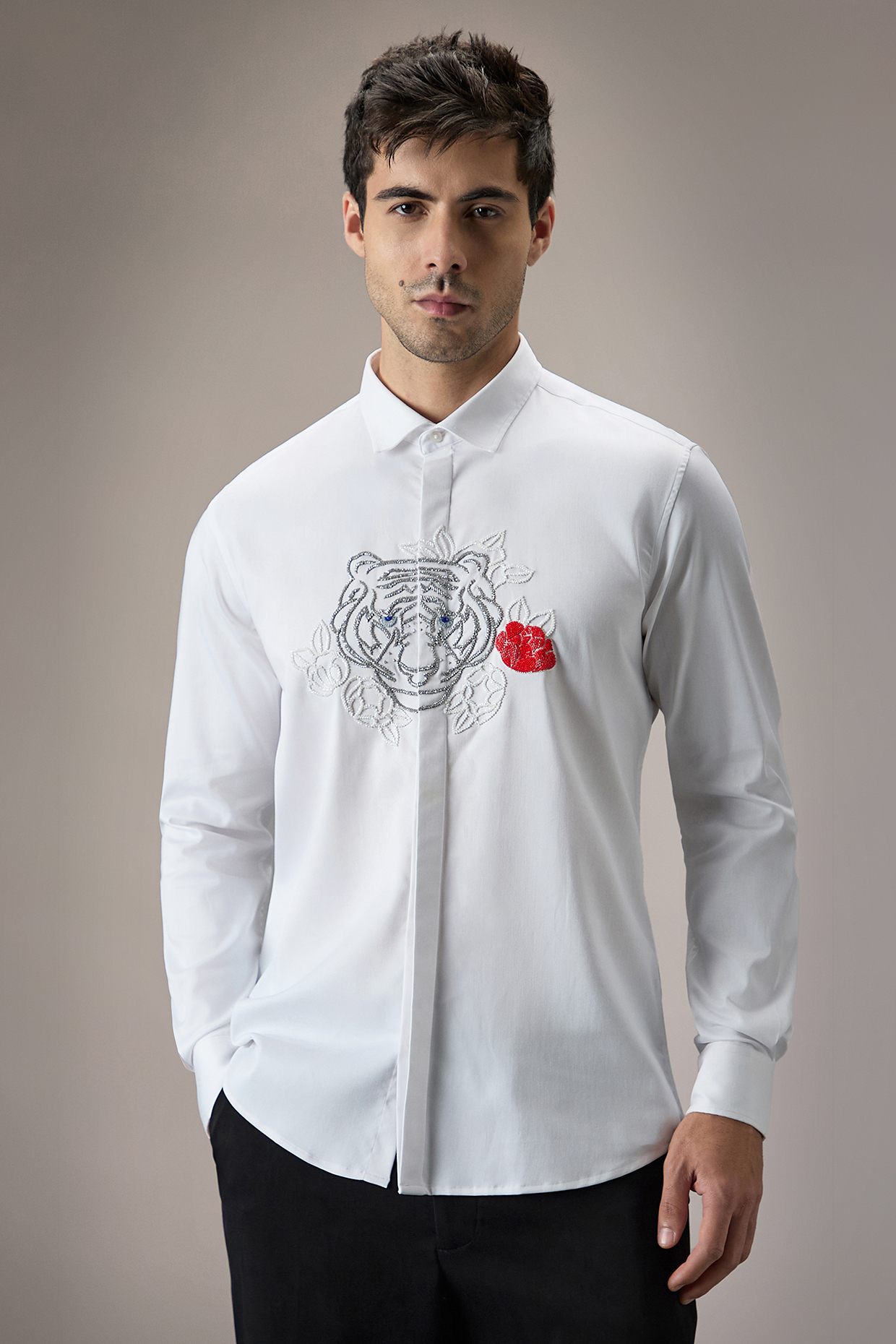 White Cotton Tiger Hand Embroidered Shirt by Komal Kothari