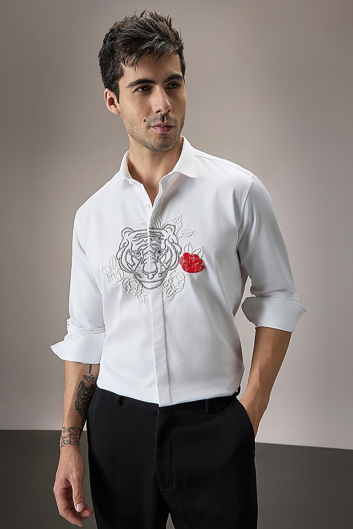 White Cotton Tiger Hand Embroidered Party Wear Shirt by Komal Kothari at Pernia's Pop Up Shop