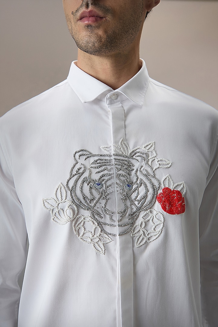 White Cotton Tiger Hand Embroidered Party Wear Shirt by Komal Kothari at Pernia's Pop Up Shop