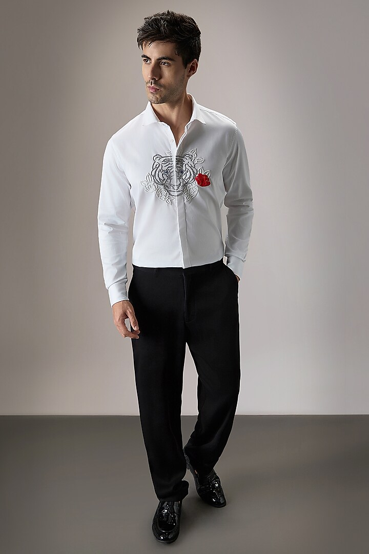 White Cotton Tiger Hand Embroidered Party Wear Shirt by Komal Kothari at Pernia's Pop Up Shop