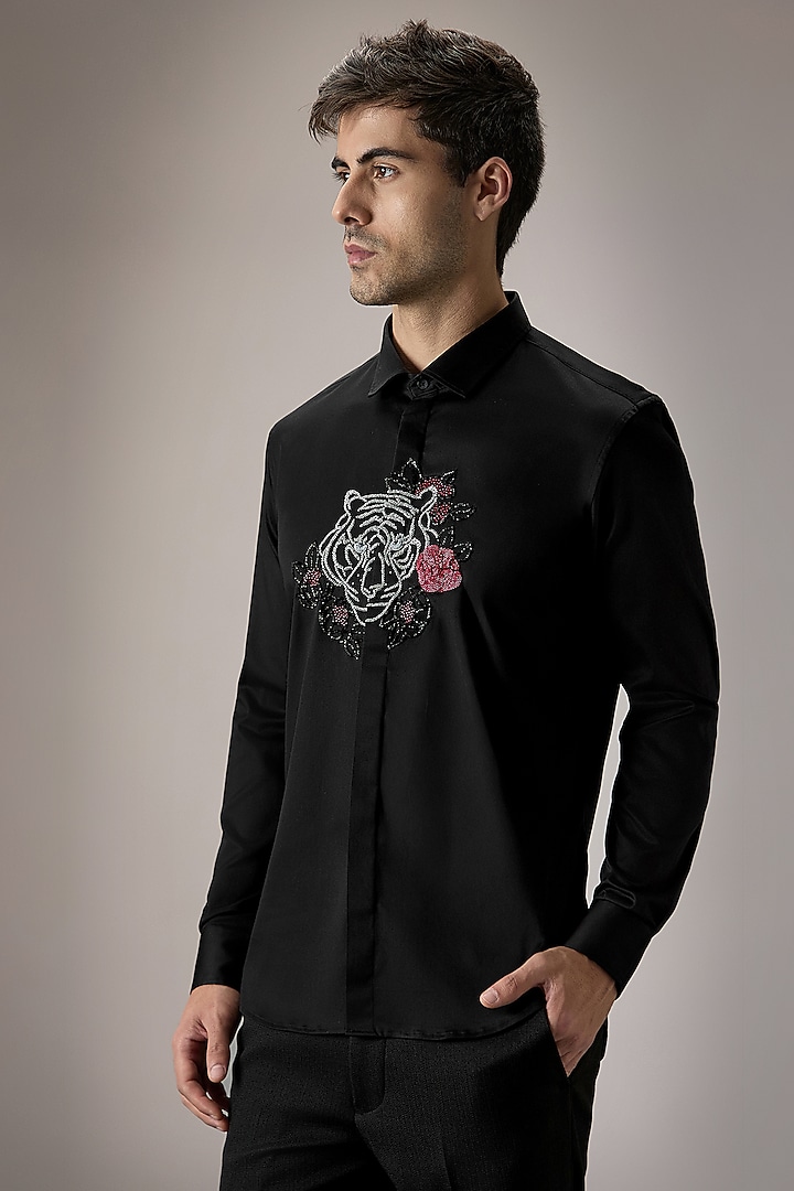 Black Cotton Tiger Hand Embroidered Party Wear Shirt by Komal Kothari at Pernia's Pop Up Shop