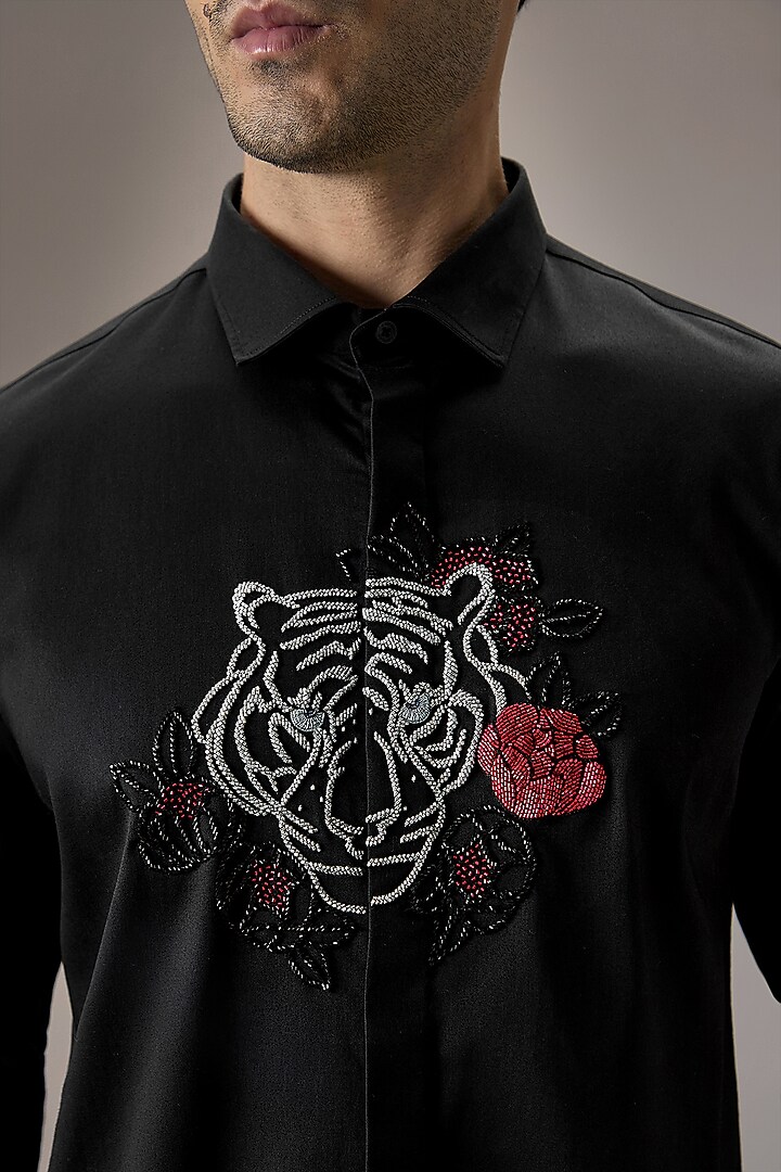 Black Cotton Tiger Hand Embroidered Party Wear Shirt by Komal Kothari at Pernia's Pop Up Shop