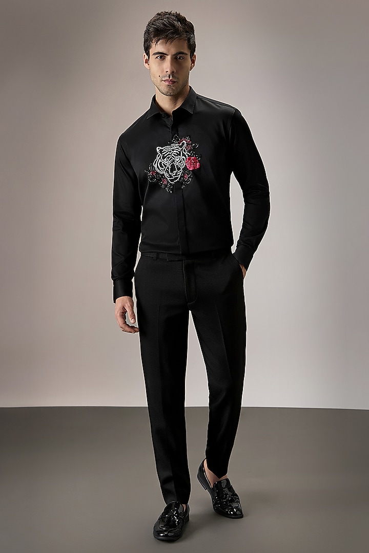 Black Cotton Tiger Hand Embroidered Party Wear Shirt by Komal Kothari at Pernia's Pop Up Shop