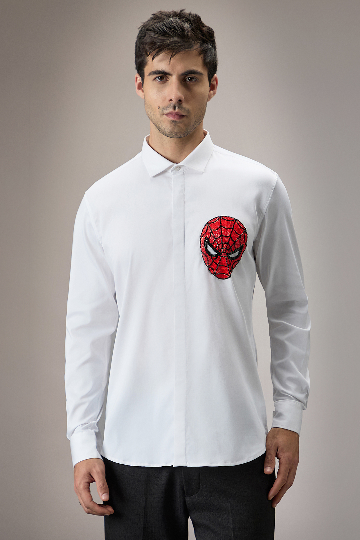 White Cotton Spiderman Hand Embroidered Shirt by Komal Kothari