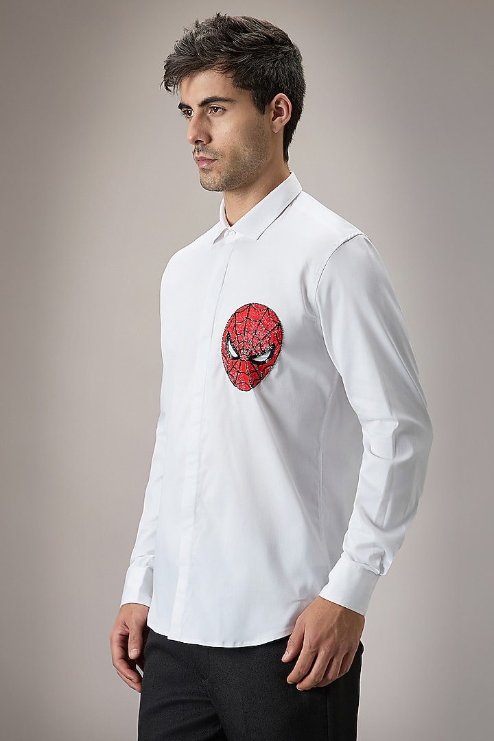 White Cotton Spiderman Hand Embroidered Party Wear Shirt by Komal Kothari at Pernia's Pop Up Shop