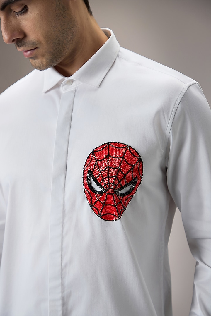 White Cotton Spiderman Hand Embroidered Party Wear Shirt by Komal Kothari at Pernia's Pop Up Shop