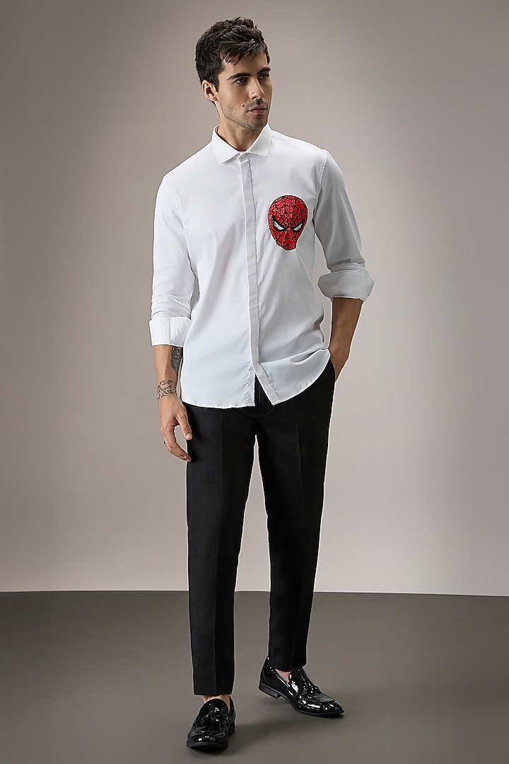 White Cotton Spiderman Hand Embroidered Party Wear Shirt by Komal Kothari at Pernia's Pop Up Shop