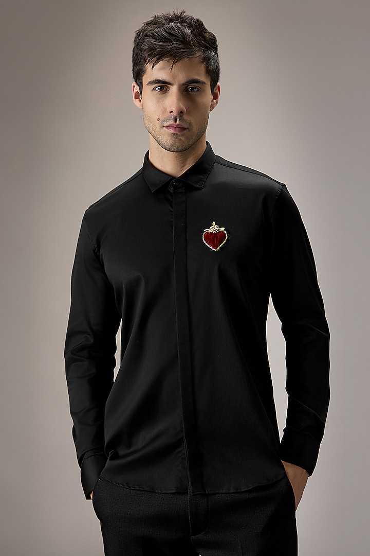 Black Cotton Hand Embroidered Party Wear Shirt by Komal Kothari at Pernia's Pop Up Shop