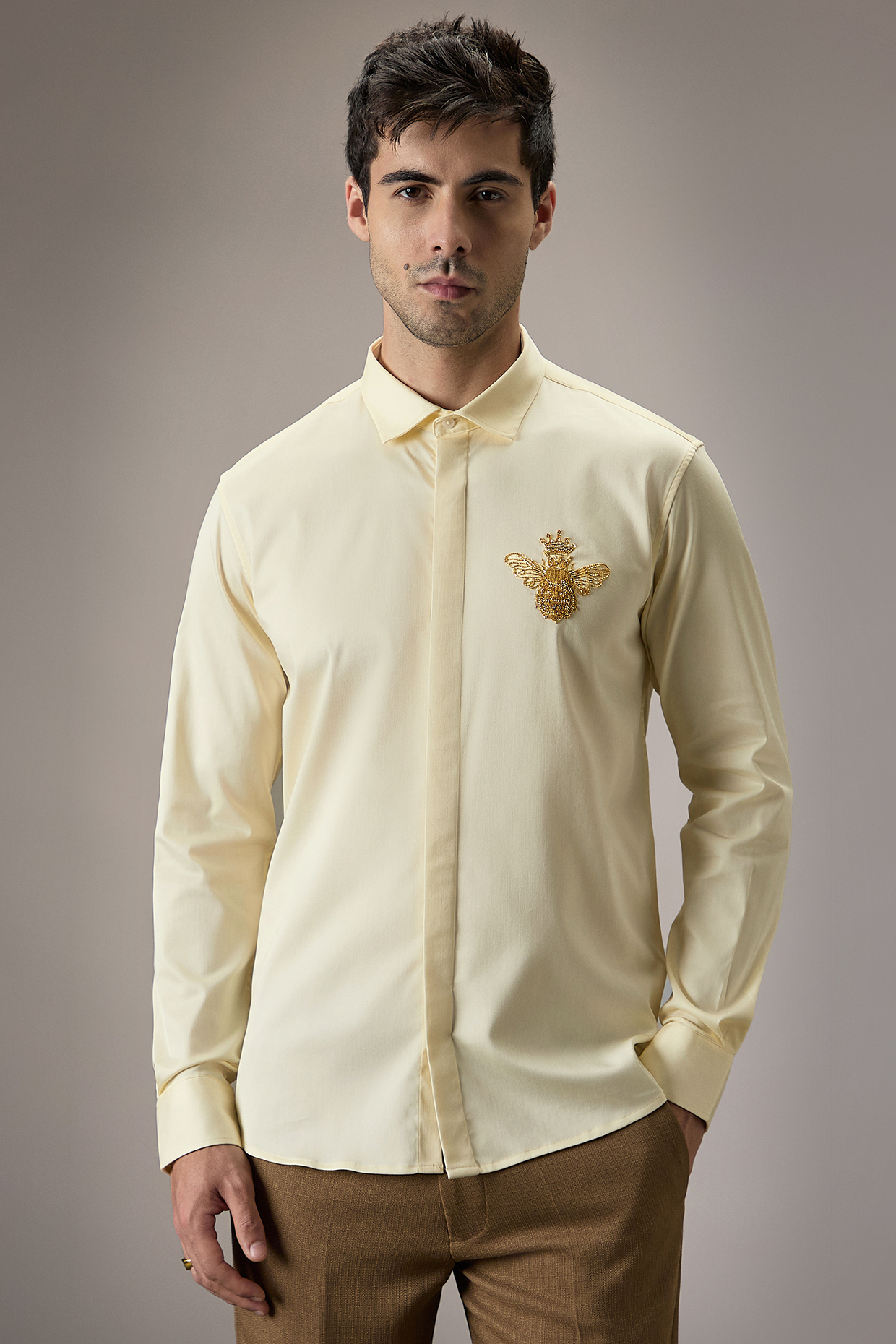 Ivory Cotton Queen Bee Hand Embroidered Shirt by Komal Kothari