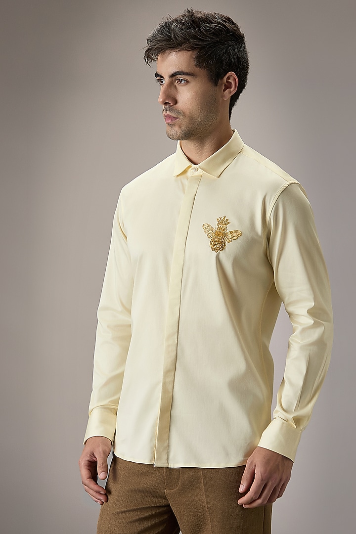 Ivory Cotton Queen Bee Hand Embroidered Party Wear Shirt by Komal Kothari at Pernia's Pop Up Shop