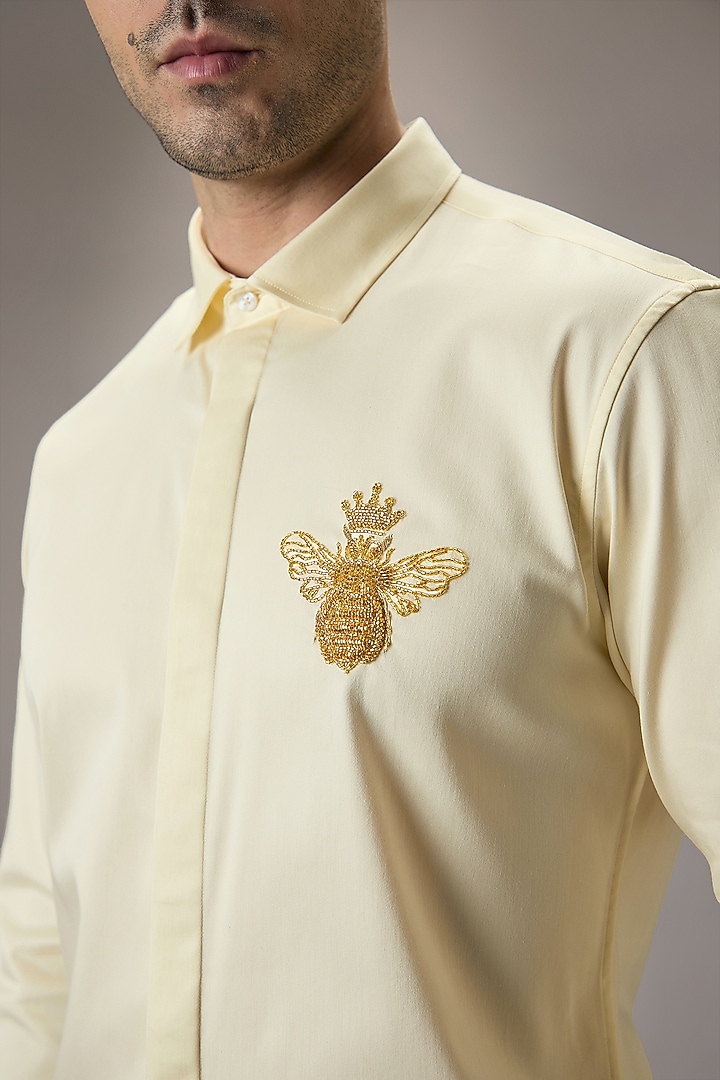 Ivory Cotton Queen Bee Hand Embroidered Party Wear Shirt by Komal Kothari at Pernia's Pop Up Shop